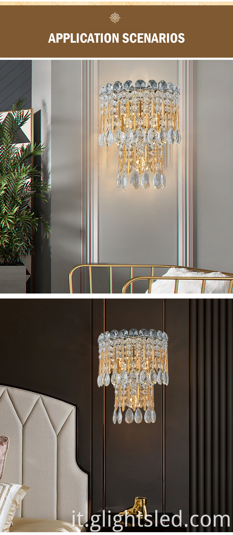 Nuovo design in acciaio inox camera da letto in alluminio lobby interna K9 cristallo Led lampada da parete